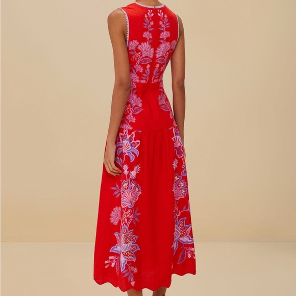 NWT Farm Rio Red Porcelain Garden Premium Linen Midi Dress M - Picture 2 of 7